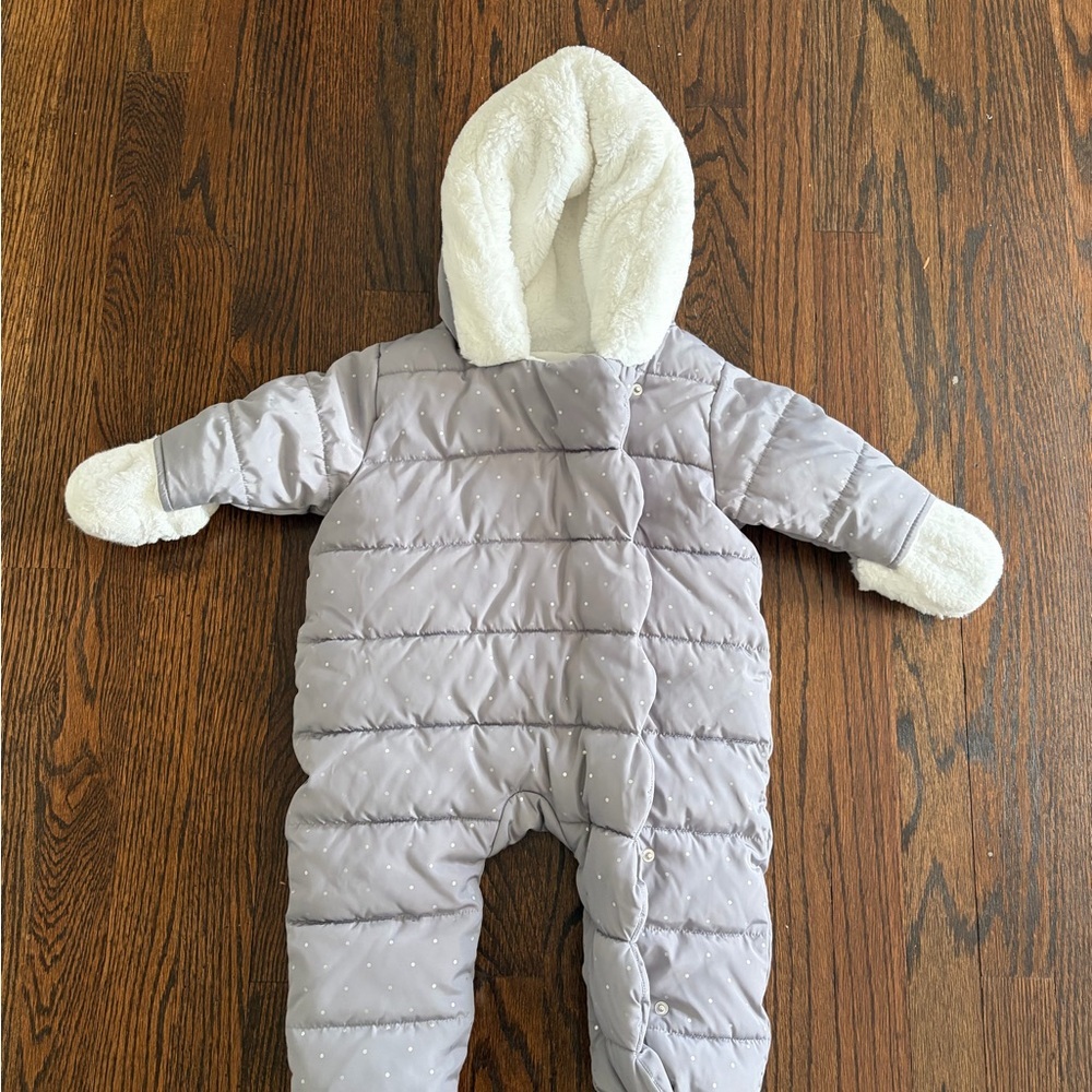 Jacadi Light Gray Puffer Baby Snowsuit with White Cozy Liner